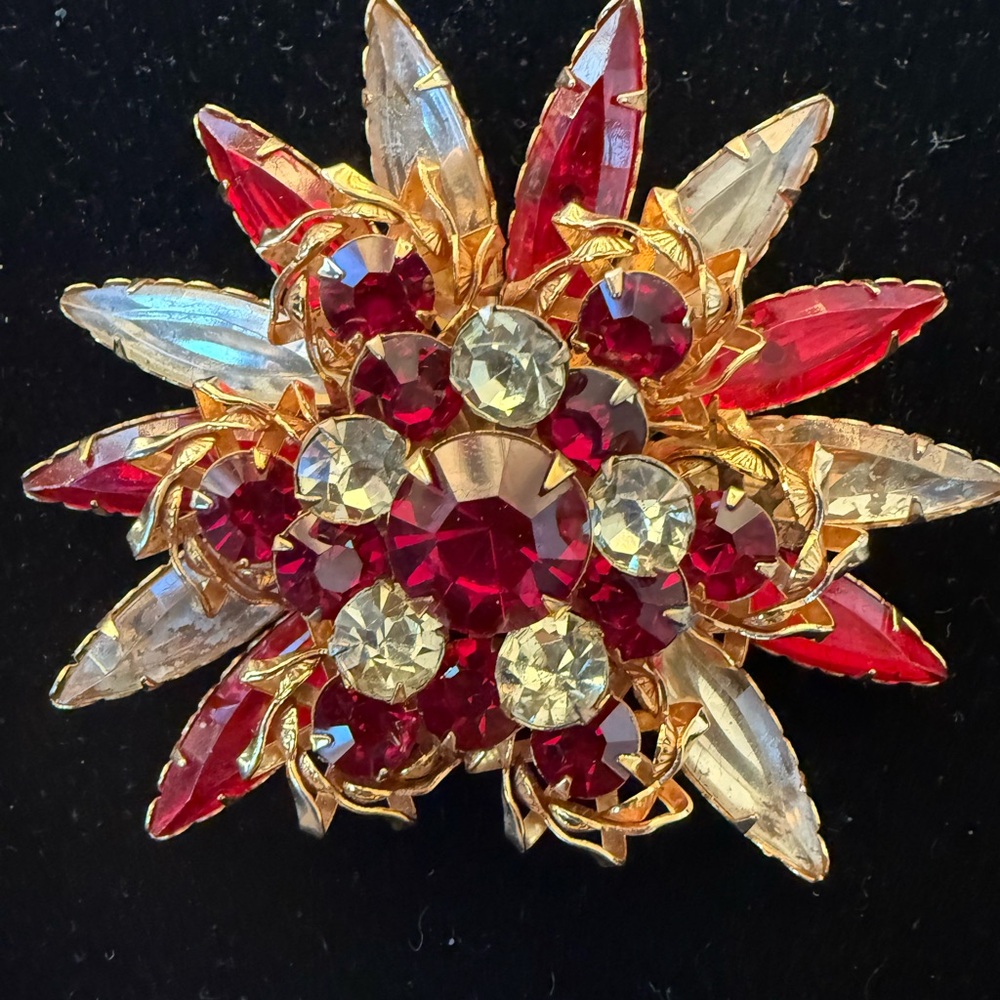 Vintage Gold Tone Red Clear Rhinestone Brooch